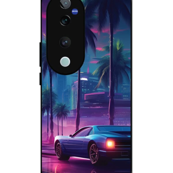Vivo V40 Pro, 2D Metal, sunset-sports-car-city-palm-trees